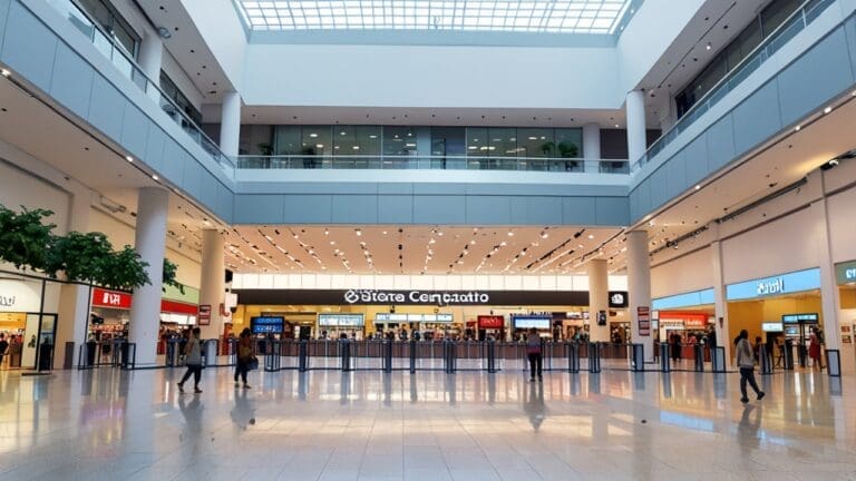 Centro comercial contemporáneo con ambiente tecnológico en un día soleado.