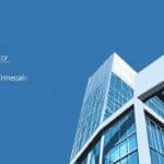 Gráfico moderno de estructura empresarial tecnológica sobre fondo azul