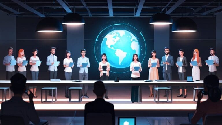 Emprendedores presentando innovaciones eco-amigables en un centro de conferencias futurista