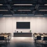 Sala de conferencias moderna con equipo de alta tecnología y pizarras digitales.