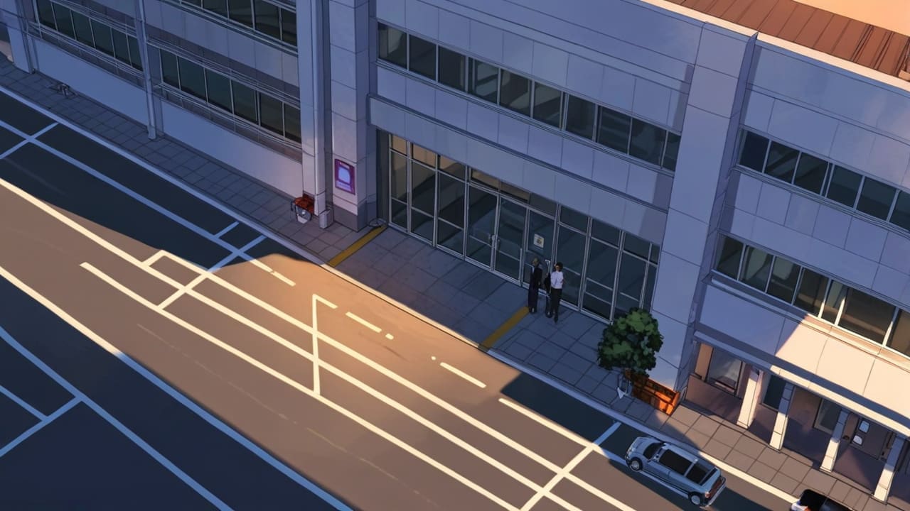 Imagen aérea de modernas oficinas corporativas con automóviles en primer plano al atardecer.