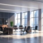 Interior moderno de una oficina tecnológica con mobiliario elegante y equipos avanzados.