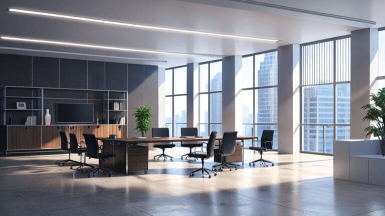 Interior moderno de una oficina tecnológica con mobiliario elegante y equipos avanzados.