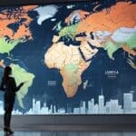 Moderna oficina corporativa con mapas digitales de Latinoamérica en pantalla grande