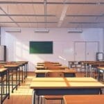 Interior de una moderna aula escolar con dispositivos tecnológicos avanzados