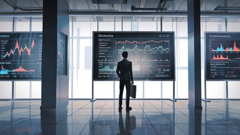 Oficinas modernas con pantallas mostrando análisis de datos tecnológicos en un entorno colaborativo.