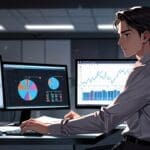 Joven empresario en oficina moderna, con computadoras y gráficos de datos en pantallas