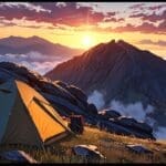 Paisaje montañoso con senderos y equipos de aventura listos para explorar al amanecer