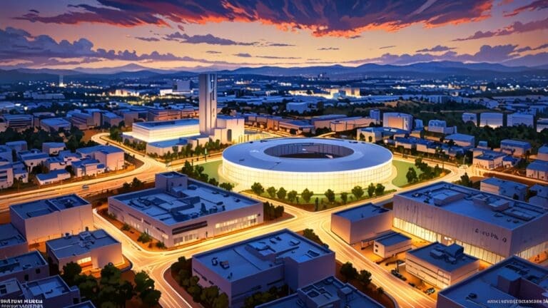 Vista panorámica de un moderno centro de innovación tecnológica en Córdoba al atardecer