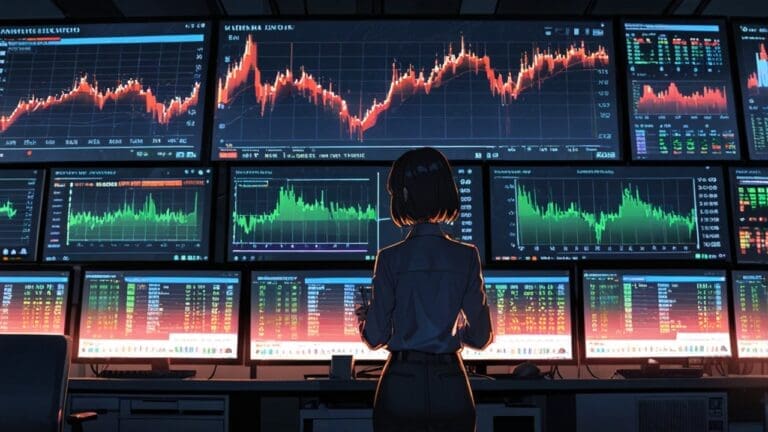 Oficina moderna con gráficos de criptomonedas en pantallas de ordenador