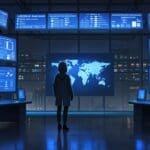 Centro de datos futurista con luces LED azules y pantallas de monitoreo de ciberseguridad.