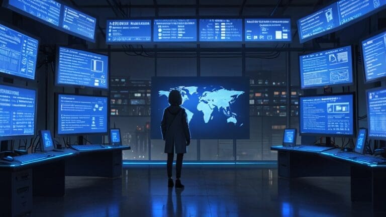 Centro de datos futurista con luces LED azules y pantallas de monitoreo de ciberseguridad.