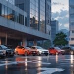 Autos en un estacionamiento de subastas con un paisaje urbano de fondo