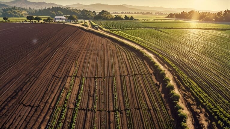 Campo agrícola de California con sistema de riego por goteo visto desde arriba