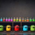 Un estante moderno con diversas bombonas de gas de diferentes colores y tamaños