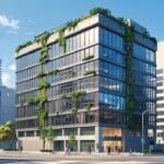 Edificio moderno de una startup tecnológica rodeado de naturaleza urbana.