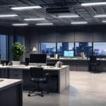 Oficina moderna con equipos tecnológicos y escritorios ordenados al amanecer