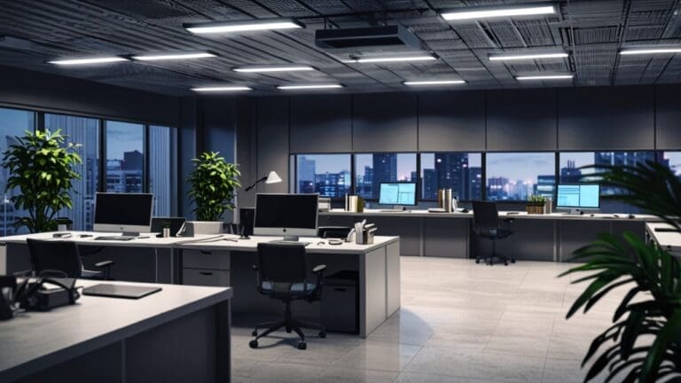 Oficina moderna con equipos tecnológicos y escritorios ordenados al amanecer