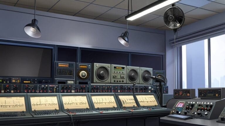Interior de una moderna estación de radio con micrófonos y equipos tecnológicos.