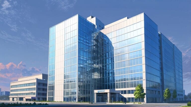 Vista panorámica de un edificio corporativo moderno al amanecer, rodeado de tecnología innovadora.