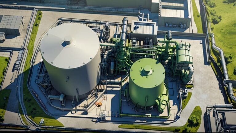 Vista aérea de una planta industrial innovadora con tecnología avanzada en verde y gris