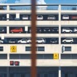 Lote de vehículos nuevos estacionados en una subasta, al aire libre, con fondo urbano y cielo despejado.