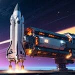 Nave espacial innovadora en una plataforma de lanzamiento futurista al amanecer