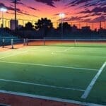 Vista moderna de un complejo deportivo con canchas de pádel al anochecer.