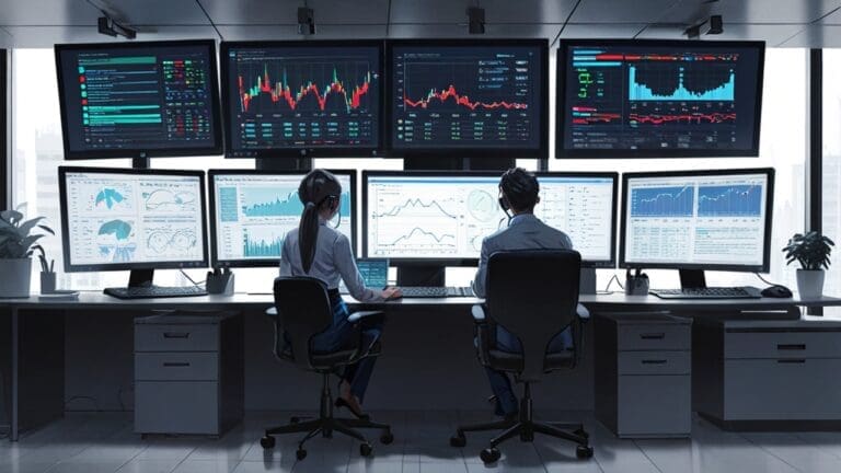 Oficina moderna con computadores y pantallas mostrando gráficos financieros