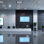 Vista moderna de oficinas corporativas y pantallas digitales en un entorno tecnológico
