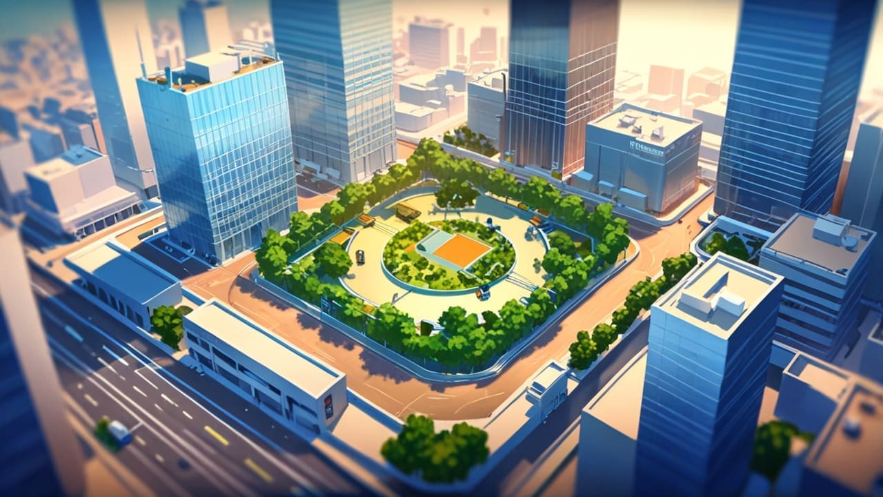 Vista aérea de un moderno centro tecnológico rodeado de vegetación e innovación