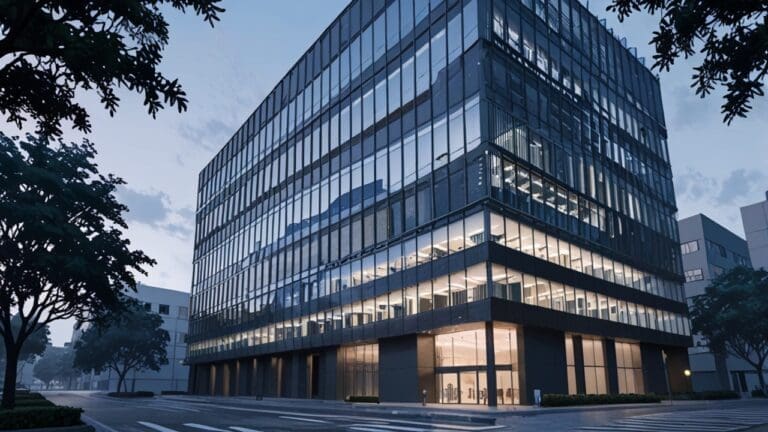 Edificio moderno de oficinas con luz natural y diseño tecnológico contemporáneo.