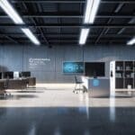 Oficina moderna con ambiente tecnológico y equipos de inteligencia artificial en funcionamiento