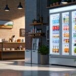 Primer plano de un refrigerador moderno en una tienda, mostrando paneles innovadores de tecnología verde