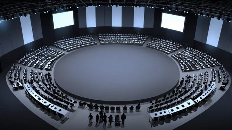 Vista aérea de una conferencia tecnológica en un centro de convenciones moderno