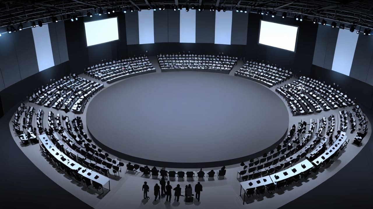 Vista aérea de una conferencia tecnológica en un centro de convenciones moderno