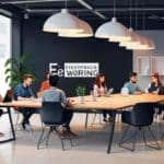 Espacio moderno de coworking con emprendedores planificando en una mesa