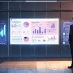 Oficina moderna con pantallas mostrando gráficos de inteligencia artificial y redes sociales