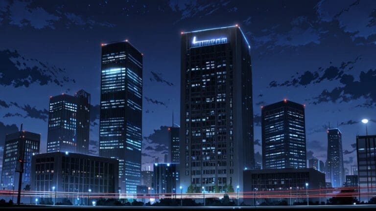 Ciudad moderna de noche con luces de oficina brillantes, simbolizando el auge tecnológico