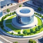 Vista aérea de un moderno centro de innovación con edificios tecnológicos interconectados.