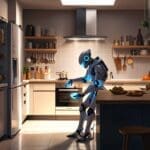 Un robot humanoide realizando tareas del hogar en una cocina moderna iluminada por luz natural.