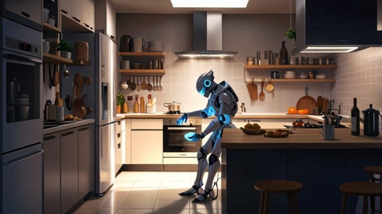 Un robot humanoide realizando tareas del hogar en una cocina moderna iluminada por luz natural.