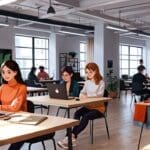 Espacio vibrante de coworking con jóvenes emprendedores trabajando en laptops
