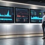 Oficina moderna con pantallas digitales y gráficos financieros en exhibición