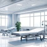 Plano digital de hospital moderno con tecnología avanzada.