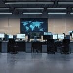 Oficina moderna con equipos tecnológicos, pantallas y gráficos de datos en un entorno urbano