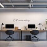Espacio de coworking moderno y minimalista, con computadoras portátiles y documentos legales sobre mesas de trabajo luminosas.