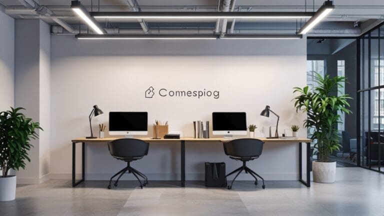 Espacio de coworking moderno y minimalista, con computadoras portátiles y documentos legales sobre mesas de trabajo luminosas.