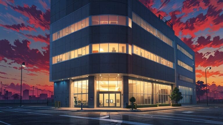 Edificio moderno de una startup tecnológica en un entorno urbano al atardecer