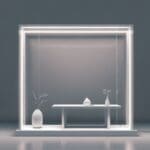 Dispositivo de IA futurista en una mesa de diseño minimalista con luces LED.